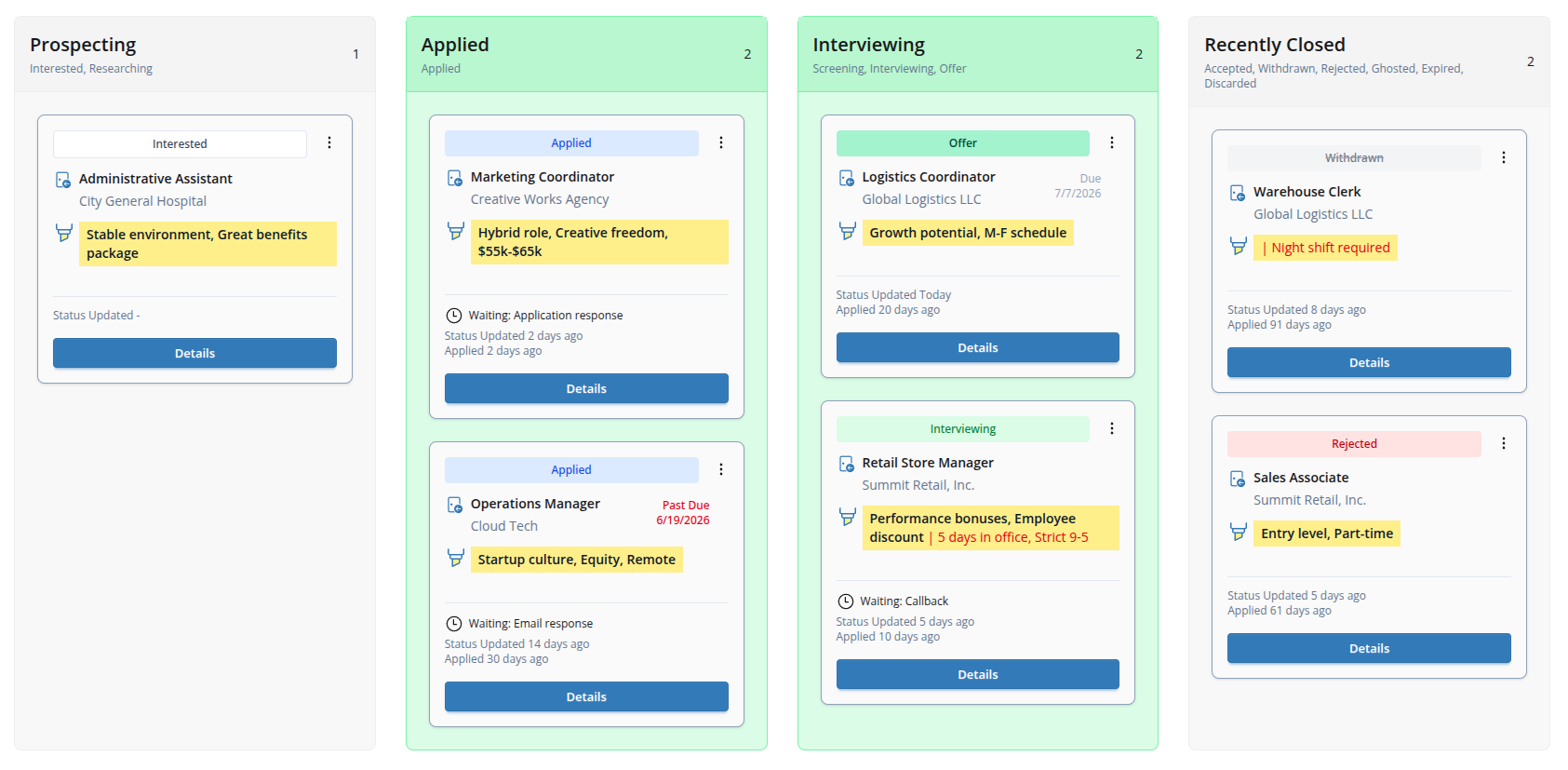 Screenshot of the Opportunity Workspace board showing opportunity cards grouped by status with due dates, waiting indicators, highlights, and recently closed items.