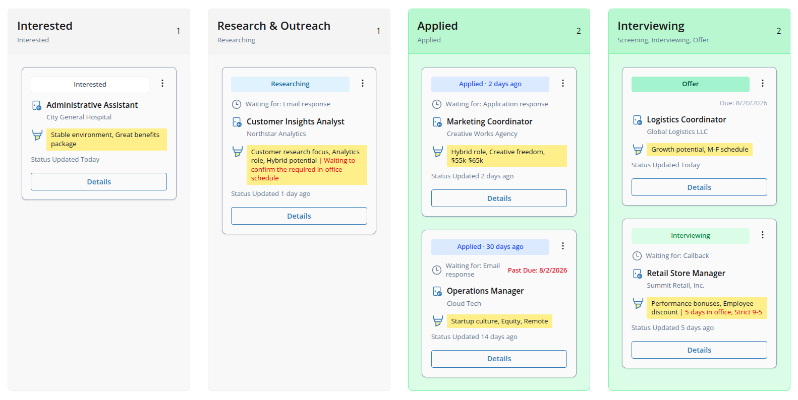 Screenshot of the Opportunity Workspace board showing opportunity cards grouped by status with due dates, waiting indicators, highlights, and recently closed items.