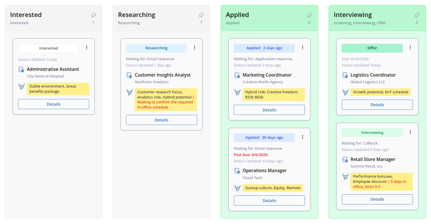 Screenshot of the Opportunity Workspace board showing opportunity cards grouped by status with due dates, waiting indicators, highlights, and recently closed items.